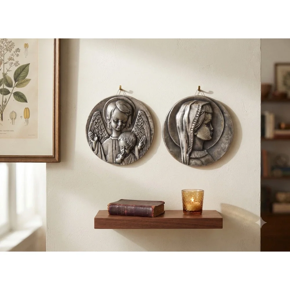 Vintage Pewter Relief Wall Plaques, Set of 2, Made in Spain